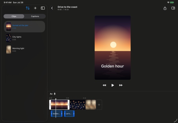 RecoiroQ on an iPad in landscape: the clip list on the left, the 9:16 preview and timeline on the right.