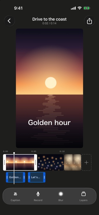 RecoiroQ on an iPhone: the 9:16 preview with a caption, and the clip timeline below.